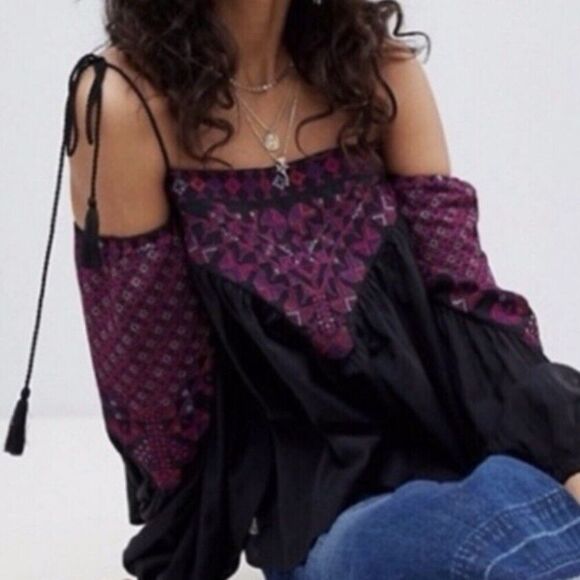 Free People Top XS Embroidered Vacay Vibin Boho Tassel Babydoll Cotton Hippie - Picture 1 of 10
